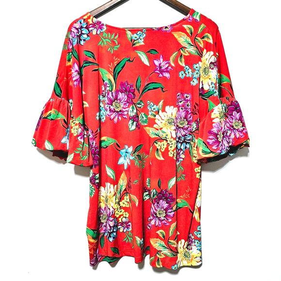 Susan Graver Liquid Knit Top Size XL NWT Puff Sleeves Orange Tropical Casual - Picture 2 of 8